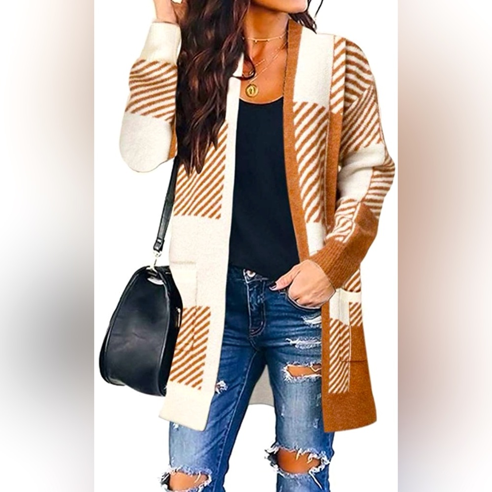 MEROKEETY NWT Womens Long Sleeve Open Front Cardigan Sweater Orange Size XL